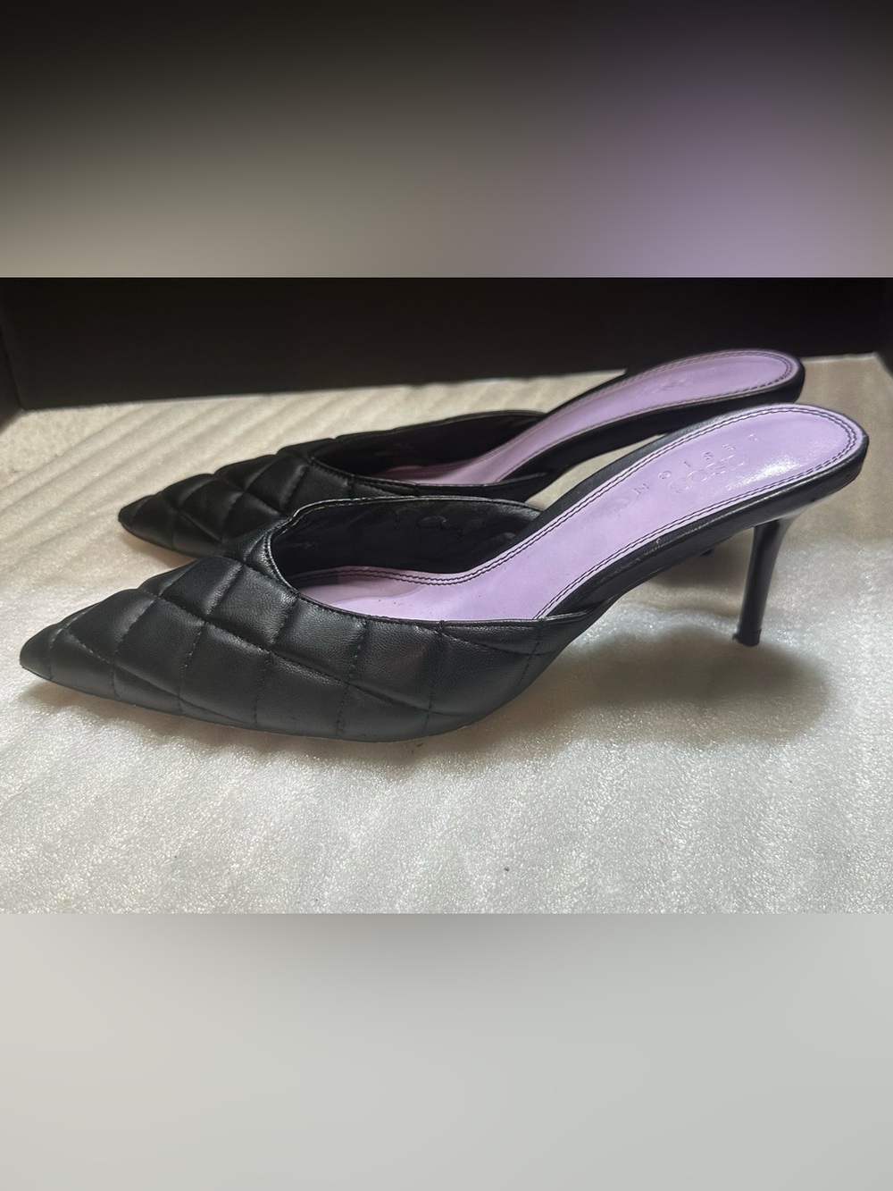 ASOS Black Quilted Pointed Slingback Mules with Lavender Insole